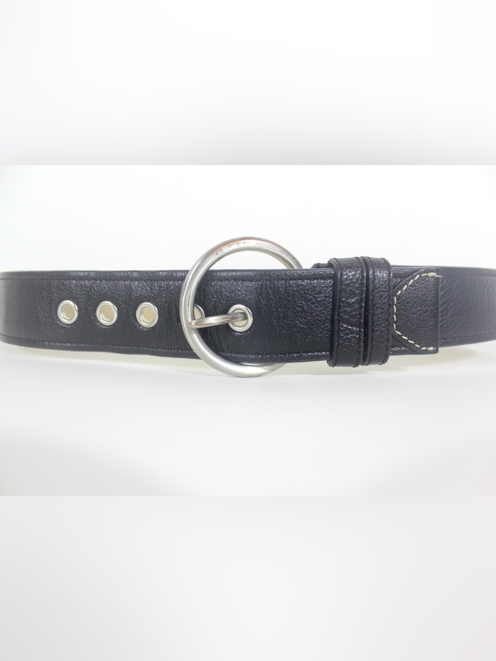 Textured Black Leather Belt Large Silver Grommets Vintage Wide Silver Buckle